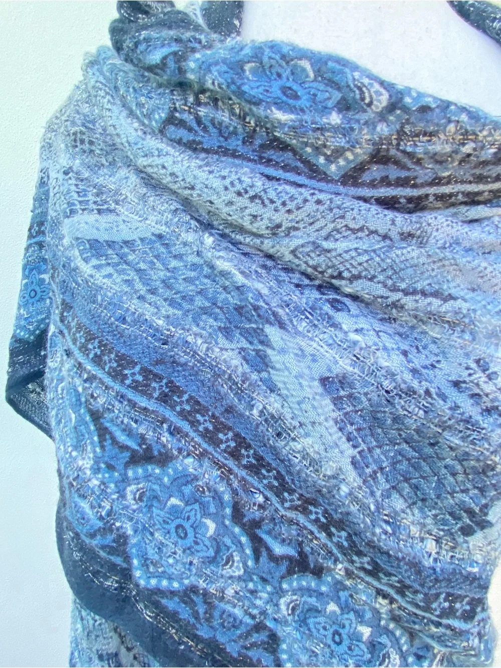 Boho Blue Black Silver Metallic  Pashmina Fringe Scarf